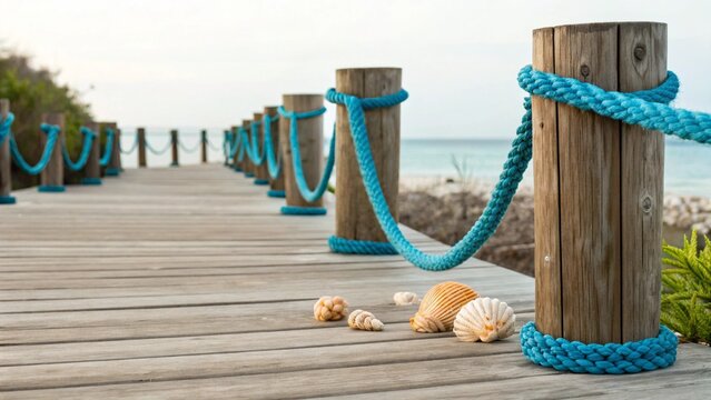 Picturesque wooden boardwalk stretching into the distance, lined with rustic posts wrapped in vibrant blue ropes, leading towards a serene beach and turquoise ocean.
- Powered by Adobe