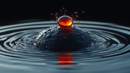 A vibrant red sphere resting atop a dark, textured water droplet impact.
