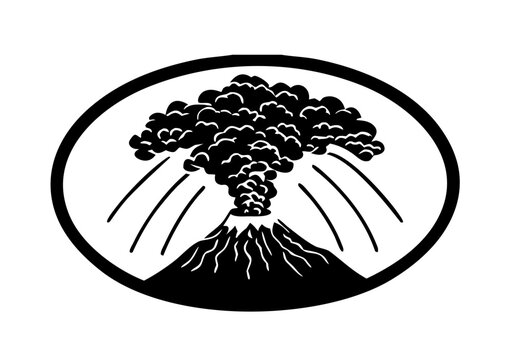 Retro Volcano Eruption Emblem with Exploding Ash Cloud in Black and White Oval Design.