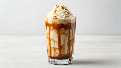 Decadent caramel frappe or milkshake, generously topped with whipped cream and drizzled with rich caramel sauce, perfect for sweet treats and dessert menus.

