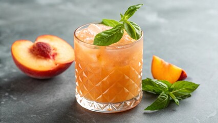Refreshing peach basil cocktail or mocktail, served over ice in a textured glass, garnished with fresh basil leaves, alongside a halved peach and a peach slice. Perfect for summer and garden-fresh bev