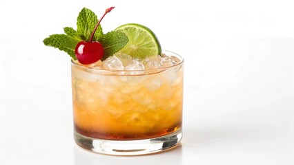 A classic amber-colored cocktail, served over crushed ice in a stylish glass, exquisitely garnished with fresh mint, a vibrant lime slice, and a maraschino cherry. Perfect for refreshing summer drinks