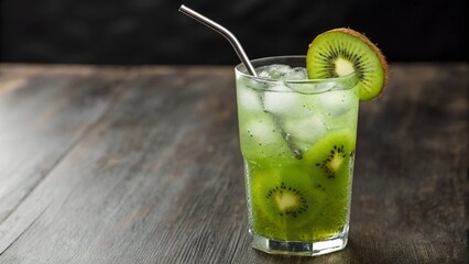 Refreshing kiwi cocktail or mocktail, vibrant green with visible seeds, served over ice with fresh mint and a reusable straw, next to a halved kiwi fruit. Perfect for summer and healthy beverage theme