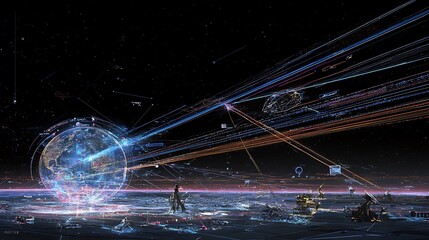 Global network of data streams over a planet.