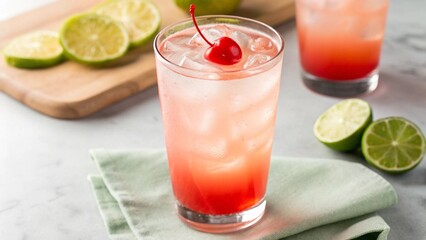 Two glasses of vibrant layered drinks, transitioning from a light pink to a deep red, with sugared rims and cherry garnishes, alongside fresh limes and a bowl of cherries. Ideal for beverage and party