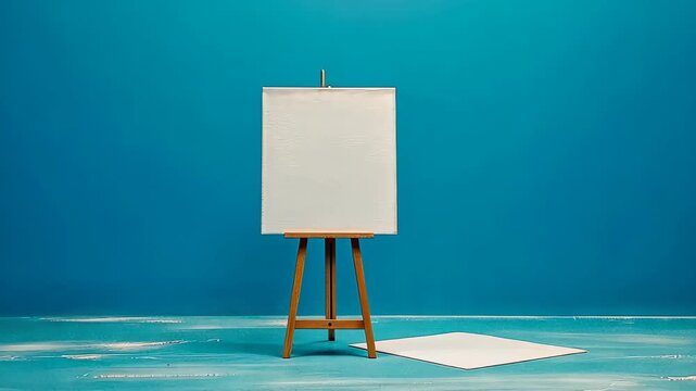 Canvas of Creation: An empty artist's canvas on an easel, awaiting inspiration against a captivating cyan backdrop, evoking the creative process and artistic potential.