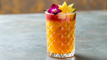 A beautifully presented ombre drink, transitioning from sunny orange to deep red, in an elegant textured glass, accompanied by a delicate purple orchid. Perfect for travel or resort themes.

