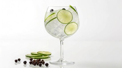 This crisp and inviting image features a classic gin and tonic, generously garnished with thin cucumber ribbons and whole juniper berries, showcasing its invigorating qualities against a clean