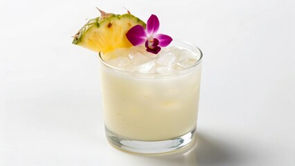 A refreshing tropical cocktail, served in a clear glass filled with ice and elegantly garnished with a fresh pineapple wedge and a vibrant purple orchid, set against a pristine white background