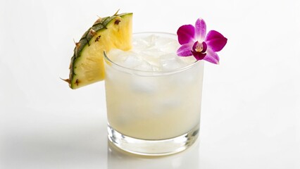 This visually appealing, light-colored mixed drink, adorned with a slice of fresh pineapple and a beautiful fuchsia orchid, stands ready on a bright, minimalist surface