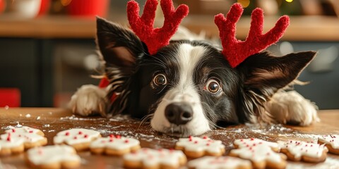 Christmas pet photo shoot concept. Festive dog with reindeer antlers near Christmas cookies.