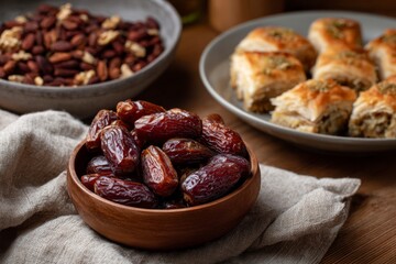 Obraz premium Sweet Dates in Rustic Bowl with Baklava and Nuts
