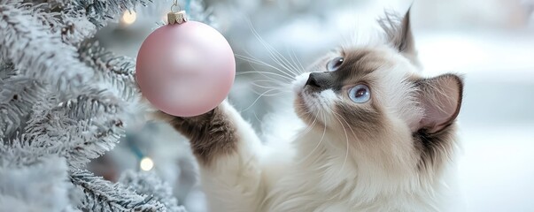 Christmas pet photo shoot concept. A cat reaching for a pink ornament on a snowy Christmas tree.