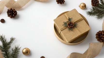 Obraz premium Gold Gift Box with Pine Cones and Ribbon