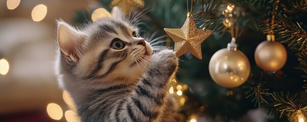 Christmas pet photo shoot concept. Cute kitten decorating a Christmas tree with ornaments.