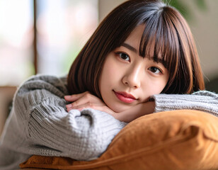 ソファーでくつろぐ若い女性/Young woman relaxing on the sofa