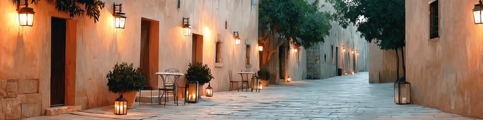 Colorful ancient city street with glowing lamps at dusk evoking peaceful anticipation