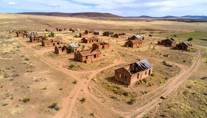 Aerial view of abandoned brick buildings in a dusty, barren landscape
