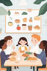 Diverse children learn about food groups in an educational classroom activity