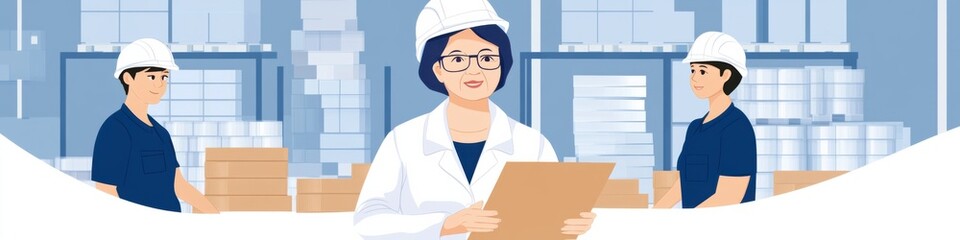 Elderly female supervisor mentors young workers on safe stacking practices in a warehouse setting