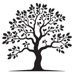 Obraz premium A detailed silhouette of a large oak tree with abundant leaves, symbolizing nature, growth, and the changing seasons