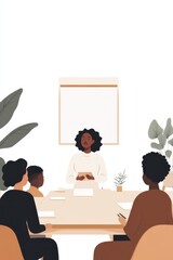 Concerned woman presents retention strategy in meeting with diverse team addressing client loss