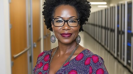 Woman in a patterned top, standing in a server room.
