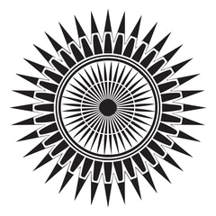 A striking black and white geometric sunburst design, radiating energy and light in an abstract pattern isolated on white background