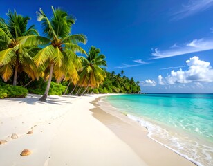 Obraz premium Pristine Tropical Beach with Crystal-Clear Turquoise Water and Palm Trees Under Bright Midday Sunlight