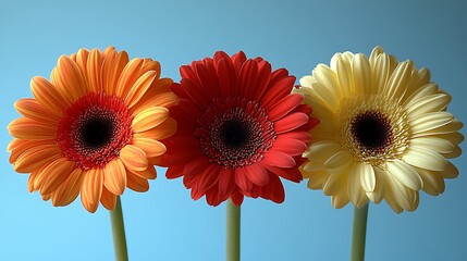 Three colorful gerbera daisies against a light blue background.