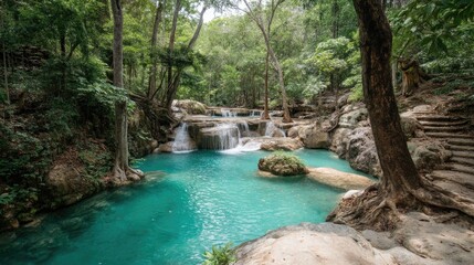 Naklejka premium Turquoise pool nestled within a lush, tropical forest.
