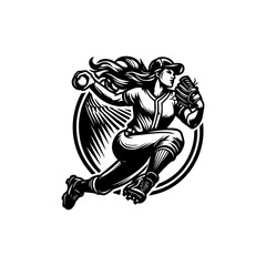 Dynamic Female Baseball Player in Action Black and White Illustration.