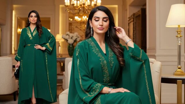 Woman in elegant green kaftan with gold embroidery