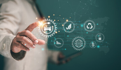 Innovative technology transportation concept, Man hand pointing icon of electric vehicle (EV) and icon of energy and environment ecology in gears. Clean energy for sustainable future. Reduce Co2.