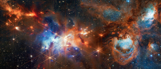 Intricate structures of gas and dust swirl within a bright region of a nebula, illuminated by newborn stars. Elements of this ultra wide illustration were furnished by NASA.