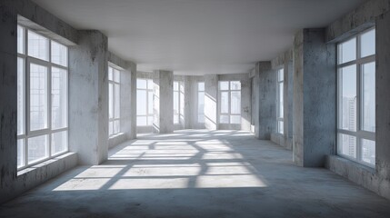 Fototapeta premium Empty, sunlit interior space with concrete walls and large windows.