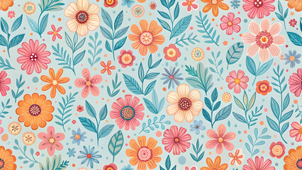 Colorful Floral Pattern with Leaves on Light Blue Background Design