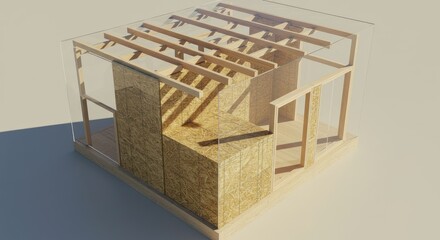 Naklejka premium A transparent 3D model of a small wooden structure, likely a house, showcasing its internal framework and straw-bale walls