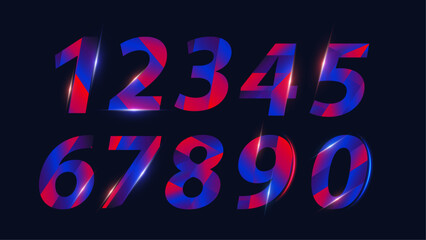 Colorful Gradient Number Style Font. One to Nine Isolated Letters. Birthday numbers Vector design elements. Modern numbers set. Vector 3d illustration. Realistic Neon characters. 
