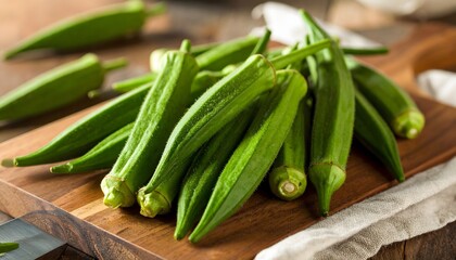 Fototapeta premium Close-up side view of fresh green okra pods piled on a wooden cutting board, perfect for cooking, healthy eating, and vegetable themes.