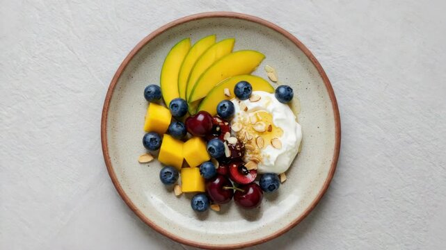 Yogurt parfait with mango blueberries and cherries