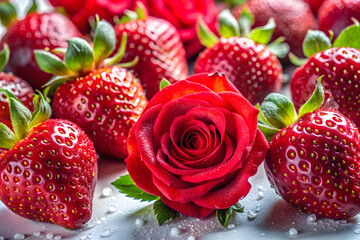 Fresh Strawberries and Red Rose on Wet Surface for Romantic Decor