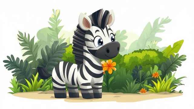 Cute cartoon zebra standing on jungle path surrounded by lush green tropical plants and colorful flowers with a cheerful expression