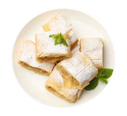 Pieces of tasty apple strudel with powdered sugar and mint isolated on white, top view