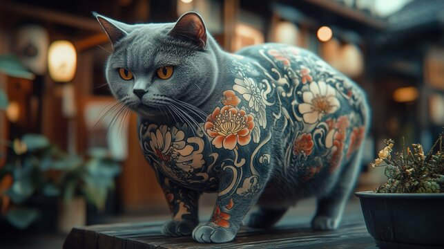 Grey cat with Japanese irezumi tattoos.