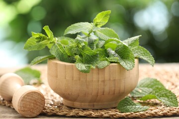 Mortar with fresh mint leaves and pestle on table against blurred green background, closeup