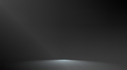 Black studio room. Limbo dark grey spotlight background. Abstract 3d backdrop for product presentation. Minimal wall scene. Showcase, promotion display. Vector stage mockup illustration