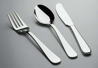 Polished cutlery (fork, spoon, knife) arranged on matte gray background; soft lighting highlights reflections; modern and minimalistic style.