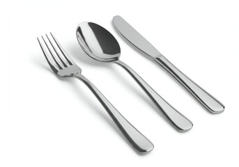 A polished stainless steel fork, spoon, and knife are placed centrally on a stark white background, showcasing modern design with reflections captured beautifully in soft lighting.