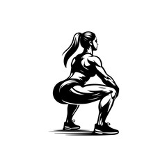 Silhouette of a muscular woman performing a squat with ponytail and athletic shoes.